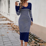 Dili Women's Clothing 2025 Autumn And Winter Repair Sexy Deep V Bump Color Striped Sweater Dress