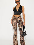 New Women's Casual Trousers Leopard Print Lace Side Splicing Mid-Rise Body-Paired Hip-Up Pants