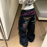 Black High Street Ripped Jeans Women Y2k Harajuku Feng Shue Wash Old Wide-Legged Straight Pants 68HZ