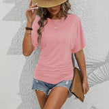 2025 Ladies Casual Fashion Pure Color Folded Round Collar Short Sleeves To Repair Summer T-Shirt