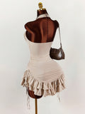 New Fashion Pure Desire Hanging Neck Print Design Holiday Repair Sexy Multi-Layer Skirt Dress Dress Woman
