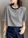Pure Cotton Short-Sleeved Horizontal Streak T-Shirt Women's Summer 2025 New Loose Half-Sleeved Sympathize Casual Bottoming Shoulder Coat