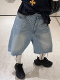 Vintage Hot Diamond Full Of Star-Scrying Denim Five-Point Trousers Women's Summer Niche Design Wide-Legged Trousers 68HZ