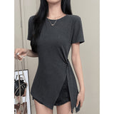 Design-Sensitive Oblique Shoulder Short-Sleeved T-Shirt Woman 2025 New Summer Chic Shoulder Sympathizes With Pure Cotton-Dense Shawl Ins