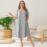 Summer Plus Yard Lady Pyjamas Cotton Short Sleeves Loose Round-Neck Pocket Home Dress Long Dress Pyjamas Woman