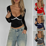 Dili 2025 Spring/Summer Y2K Sexy Deep V Lace Spliced Bm Long-Sleeved Top Women's Clothing