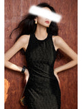 Spring And Summer New Elastic Bright Silk Tug Round Neck Cut Shoulder Slim Slim Temperament Waist Dress