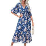 Summer Women's Dress Chiffon Print Fashion Short-Sleeved V-Neck Dress Cloth Thin And Breathable