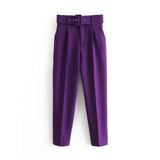 New Casual Pants Slender Slim Slim Belt Decorated Solid Color Straight Sue Nine-Point Pants