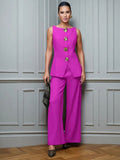 Women's Fashion Gold Buttoned Vest Trousers Two-Piece Casual Suit Women