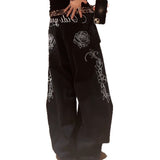 High Street Babes Letter Flowers Embroidered Scissor Jeans Women Y2k Loose High-Waisted Broad-Legged Trousers 68HZ