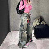 Trendy Print Jeans Women's High Street Hottie Design Wide Leg Pants Casual Drag Trousers 68HZ
