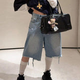Vintage Hot Diamond Full Of Star-Scrying Denim Five-Point Trousers Women's Summer Niche Design Wide-Legged Trousers 68HZ