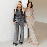 New 2025 Fashion Women's Long-Sleeved Collar Zipper Open-Fleet Tweed Trousers 68HZ