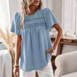 Independent Research And Development Design Round Collar Splicing Top 2025 Spring And Summer Loose Women's Shirt Pure Color
