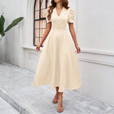 Dili 2025 Spring And Summer Temperament Elegant Solid Color High-Waisted Vneck Solid Color Short-Sleeved Dress Dress Women's Dress