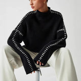 Crash Color Splicing Jumper Female Chic Black Sweater In Autumn And Winter Outside Wearing Round Knitted Sweater Tide 68HZ