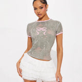 2025 Summer New Women's Fashion Trend Color Bow Print Body Collar Short-Sleeved Woman
