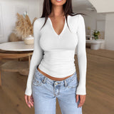 Dili Women's T-Shirt 2025 Spring And Summer Y2K Casual Zipper V Collar Long-Sleeved Top