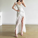 2025 Summer New Women's Pure Color Repair Height Waist Fashion V Tie Strap Bare Back Dress 68HZ