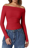 2025 New Women's Shoulder-To-Shoulder Solid-Colored Wrinkles One-Word Long-Sleeved Sexy Top