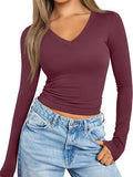 2025 Women's Long-Sleeved Autumn Fashion Blouse V-Neck Basic Style T-Shirt Splicing Design