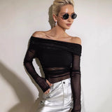 Women's Clothing 2025 Spring And Summer New Solid Color Repair Fashion Word-Collar Mesh Yarn Long-Sleeved Top Woman