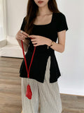 French Cotton Black Short-Sleeved T-Shirt Summer New Unique And Beautiful Waist Open Fork Thin Top Lady