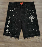 H-P Hop Cross Straight Drill Five-Point Denim Shorts Men's High Street Design Sense Loose Trousers Tide 68HZ