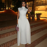 Women's Autumn New Solid Color Sleeveless Fashion Style Dress Folds Long Dress
