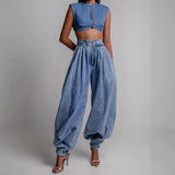 Blue Zipper Jeans Women's Loose Casual Retro Balloon Pants High Waist Bouquet Lantern Pants 68HZ
