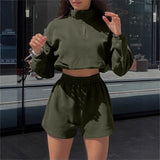 Spring And Autumn Women's Long-Sleeved Half-Necked Zippered Zip-And-Wear Shorts Two-Set Casual Ladies Suit 68HZ