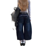 Embroidery Stitching Scissors Jeans Women's Summer Design Sense Of Loose Retro High-Waist Broad-Legged Seven-Point Pants 68HZ