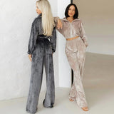 New 2025 Fashion Women's Long-Sleeved Collar Zipper Open-Fleet Tweed Trousers 68HZ