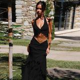 Women's Clothing 2025 Spring And Summer New Sexy Umbilical Folded Neck Top Fashion Temperament Skirt Dress Suit Woman