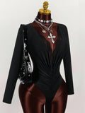 New Solid-Color Shoulder Lace Splicing Deep V-Repair Sexy Elastic Jumpsuit