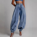 Blue Zipper Jeans Women's Loose Casual Retro Balloon Pants High Waist Bouquet Lantern Pants 68HZ