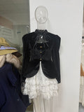 Women's Spring New Elegant Lace Splicing Neck Tie To Repair Height Waist Long-Sleeved Dress