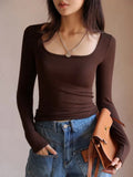 2025T Collar Ribs Fabric Autumn Bottom Shirt Black Low-Necked Women's T-Shirt Striped Splicing