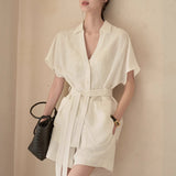 Imitation Cotton Hemp Texture Is Not Easy To Wrinkle Without Iron Heavy Industry Nail Beads V Tie Belt Short-Sleeved Shirt Coat + Shorts Set Summer