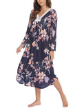 Winter Lady Pyjamas Imitation Cotton Print Lace Splicing V Collar Long Sleeve Long Skirt Home Dress Pyjamas Female