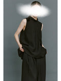 Summer Thin Two Sets Of Sleeveless Air Swing A Word Half High Collar Blouse Broad Legs Cool Pants